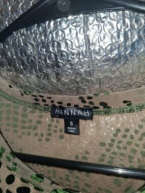 Hannah Beige Top with Green Velvet Spot Accents